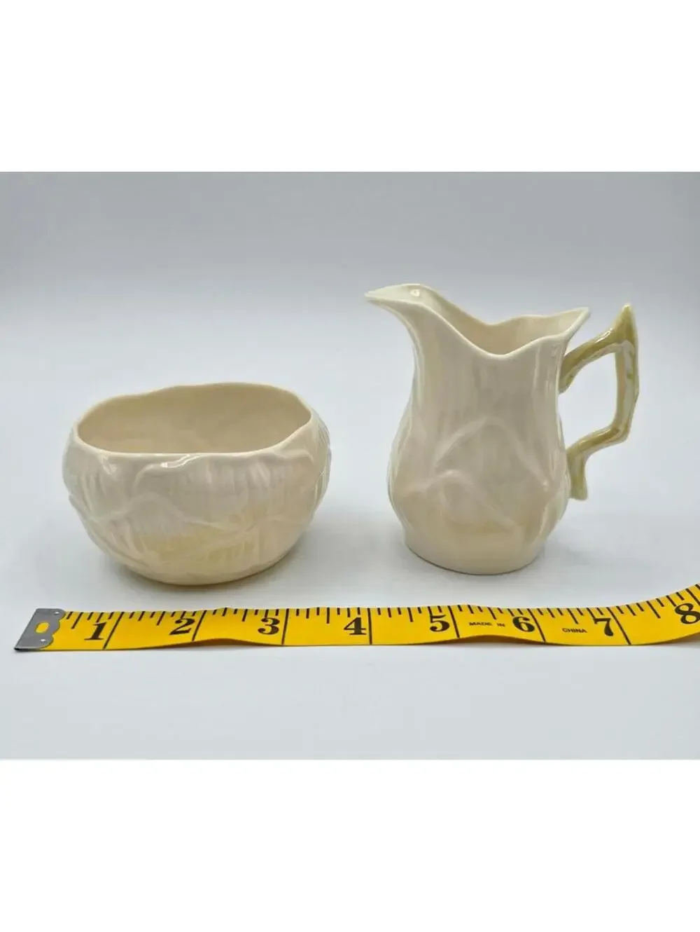 Vintage Belleek Irish Porcelain Lily Pattern Creamer & Sugar Bowl Set Ivory